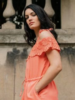 Vildnis Namib TENCEL™ Vegan Silk Bardot Romper | Coral Clothing