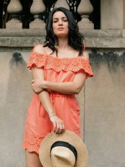 Vildnis Namib TENCEL™ Vegan Silk Bardot Romper | Coral Clothing