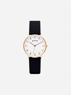 Votch Moment Watch With Gold & White Dial | Black Vegan Leather Strap