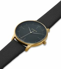 Votch Accessories Aalto Watch With Gold & Black Dial | Black Vegan Leather Strap