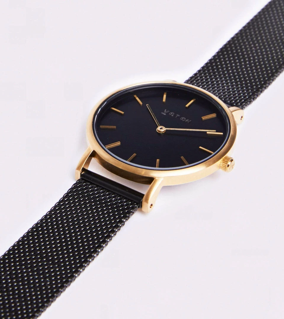 Votch Petite Watch With Gold & Black Dial | Black Mesh Strap Accessories 4 Votch Petite Watch With Gold & Black Dial | Black Mesh Strap Accessories