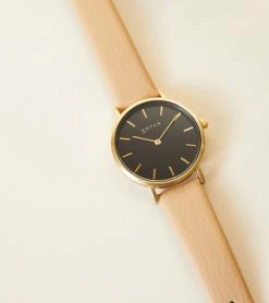 Votch Accessories Petite Watch With Gold & Black Dial | Tan Vegan Leather Strap