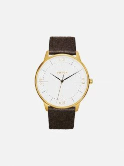 Votch Accessories Aalto Watch With Gold & White Dial | Dark Brown Piñatex Vegan Leather Strap