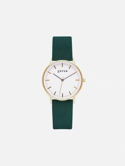 Votch Moment Watch With Gold & White Dial | Forest Green Vegan Leather Strap