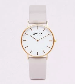 Votch Classic Watch With Gold & White Dial | Light Grey Vegan Leather Strap