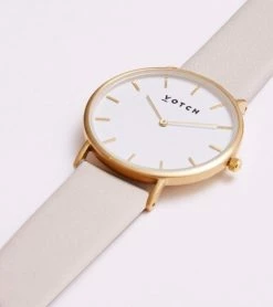 Votch Classic Watch With Gold & White Dial | Light Grey Vegan Leather Strap