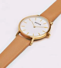 Votch Accessories Petite Watch With Gold & White Dial | Tan Vegan Leather Strap
