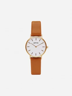 Votch Accessories Petite Watch With Gold & White Dial | Tan Vegan Leather Strap