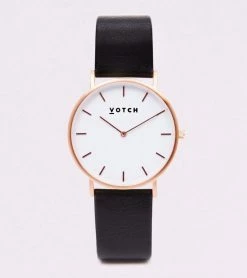 Votch Accessories Classic Watch With Rose Gold & White Dial | Black Vegan Leather Strap
