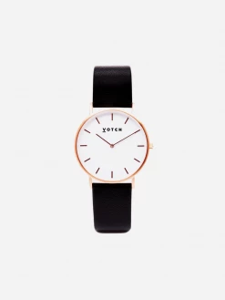 Votch Accessories Classic Watch With Rose Gold & White Dial | Black Vegan Leather Strap