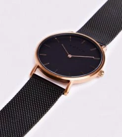 Votch Accessories Classic Watch With Rose Gold & Black Dial | Black Mesh Strap