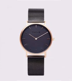 Votch Accessories Classic Watch With Rose Gold & Black Dial | Black Mesh Strap