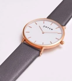 Votch Classic Watch With Rose Gold & White Dial | Dark Grey Vegan Leather Strap
