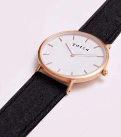 Votch Classic Watch With Rose Gold & White Dial | Black Piñatex Vegan Leather Strap