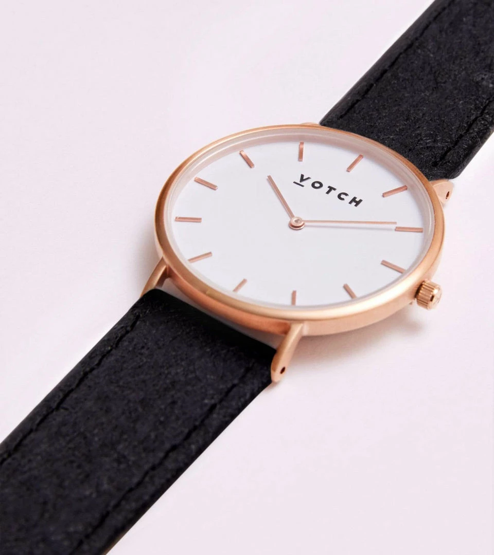Votch Classic Watch With Rose Gold & White Dial | Black Piñatex Vegan Leather Strap 4 Votch Classic Watch With Rose Gold & White Dial | Black Piñatex Vegan Leather Strap