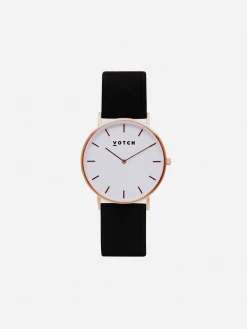 Votch Classic Watch With Rose Gold & White Dial | Black Piñatex Vegan Leather Strap