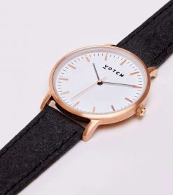 Votch Accessories Moment Watch With Rose Gold & White Dial | Black Piñatex Vegan Leather Strap