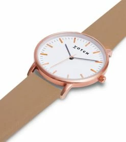 Votch Moment Watch With Rose Gold & White Dial | Tan Vegan Leather Strap