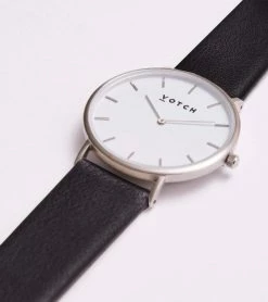 Votch Classic Watch With Silver & White Dial | Black Vegan Leather Strap