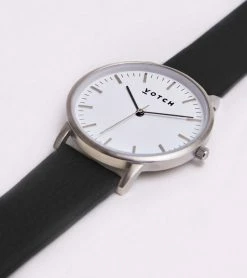 Votch Accessories Moment Watch With Silver & White Dial | Black Vegan Leather Strap