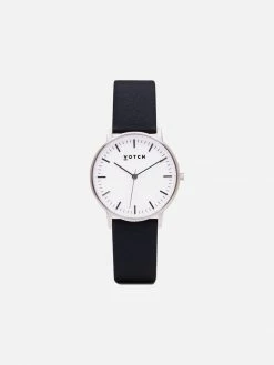 Votch Accessories Moment Watch With Silver & White Dial | Black Vegan Leather Strap