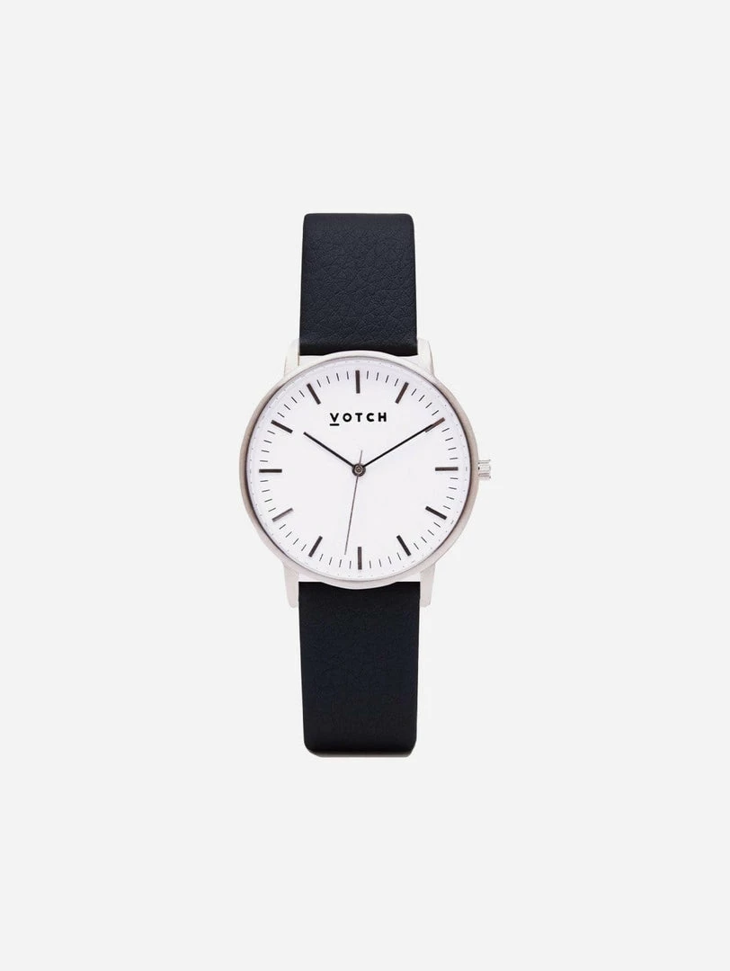 Votch Accessories Moment Watch With Silver & White Dial | Black Vegan Leather Strap 3 Votch Accessories Moment Watch With Silver & White Dial | Black Vegan Leather Strap