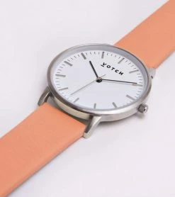 Votch Accessories Moment Watch With Silver & White Dial | Coral Vegan Leather Strap