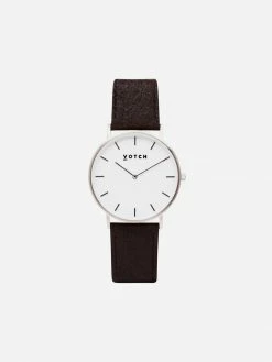 Votch Classic Watch With Silver & White Dial | Dark Brown Piñatex Vegan Leather Strap Accessories