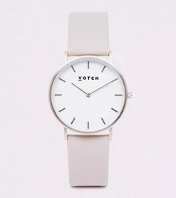 Votch Classic Watch With Silver & White Dial | Light Grey Vegan Leather Strap Accessories