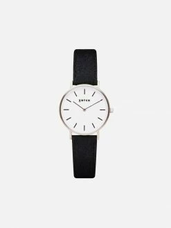 Votch Accessories Petite Watch With Silver & White Dial | Black Piñatex Vegan Leather Strap