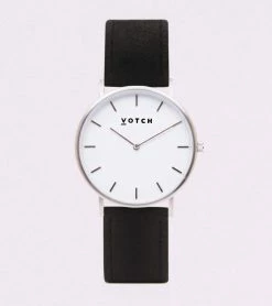 Votch Accessories Classic Watch With Silver & White Dial | Black Piñatex Vegan Leather Strap