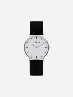 Votch Accessories Classic Watch With Silver & White Dial | Black Piñatex Vegan Leather Strap
