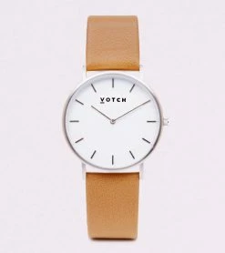 Votch Accessories Classic Watch With Silver & White Dial | Tan Vegan Leather Strap