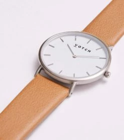 Votch Accessories Classic Watch With Silver & White Dial | Tan Vegan Leather Strap