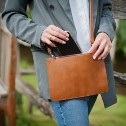 Watson & Wolfe Camden Vegan Leather Crossbody Clutch | Cognac & Emerald Bags