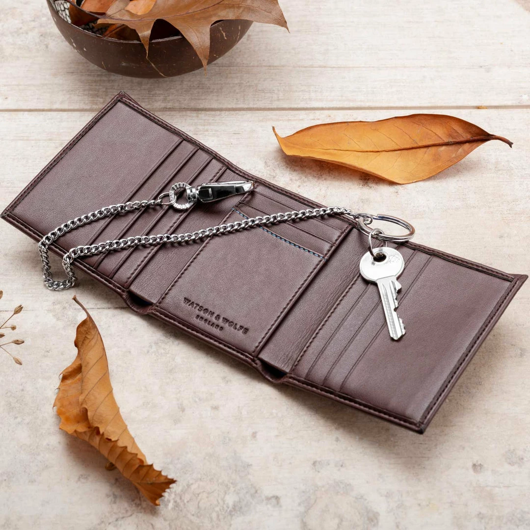 Watson & Wolfe Trifold Vegan Leather RFID Protective Wallet For Key Belt Chain | Chestnut Brown Accessories 4 Watson & Wolfe Trifold Vegan Leather RFID Protective Wallet For Key Belt Chain | Chestnut Brown Accessories