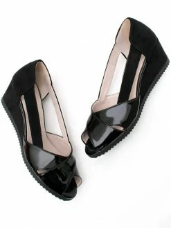 Will's Women's Vegan Peep Toe Wedges | Black Shoes