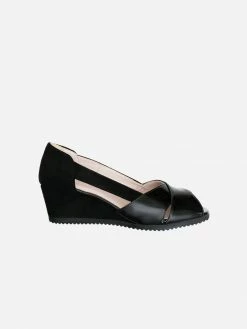 Will's Women's Vegan Peep Toe Wedges | Black Shoes